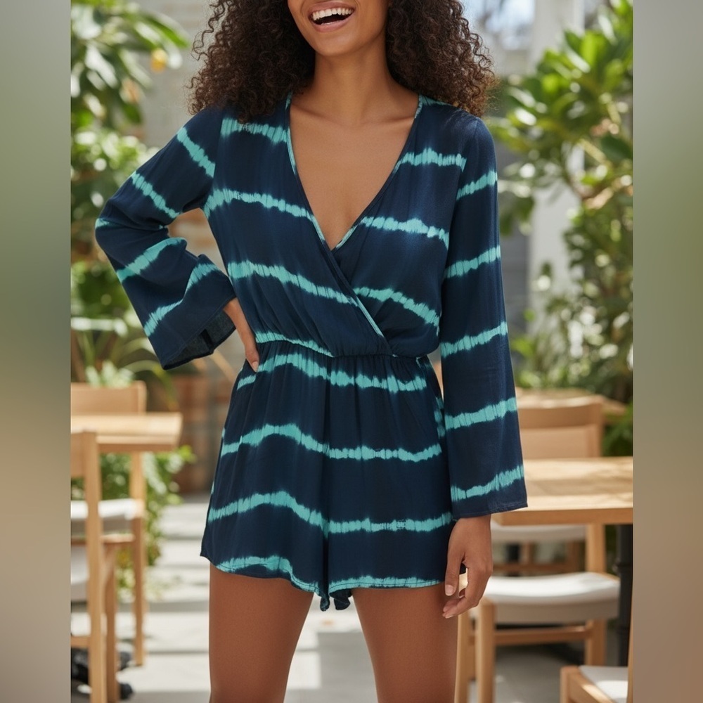 🌸2/$25 NWOT LoveStitch Navy Aqua Faux Wrap Front Shorts Romper Bell Sleeves